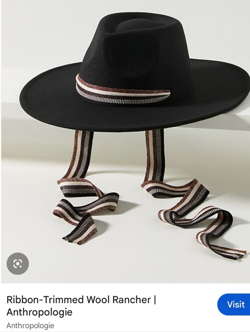 Anthropologie Black Rancher Wide Brim Hat with Striped Ribbon
